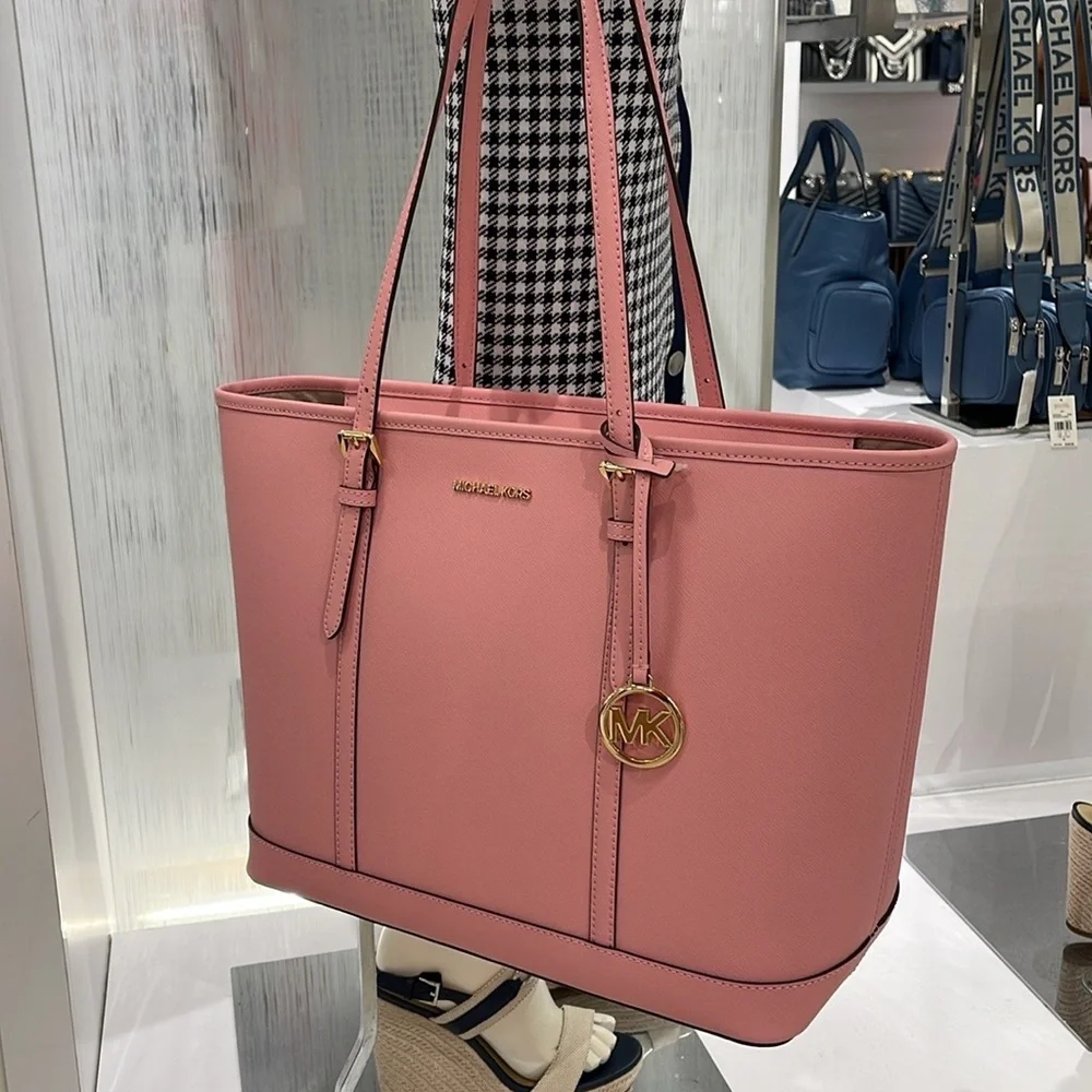 MICHAEL KORS Jet Set Travel Lg Top Zip Shoulder Tote Saffiano Leather Carnation